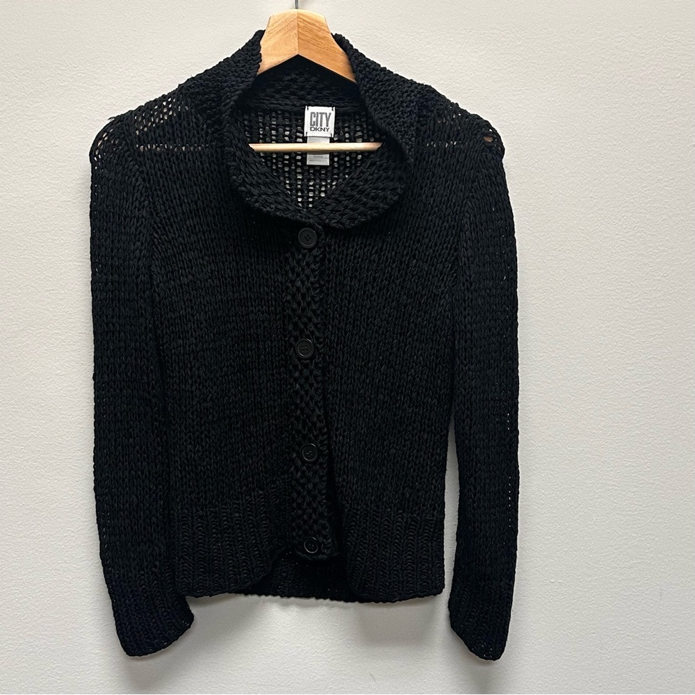City DKNY Black Cable Knit Cardigan Sweater Womens Size XS casual Light Acrylic
